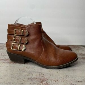 Aldo Kubasek Brown Faux Leather Three Gold Buckle Ankle Boots 7.5
